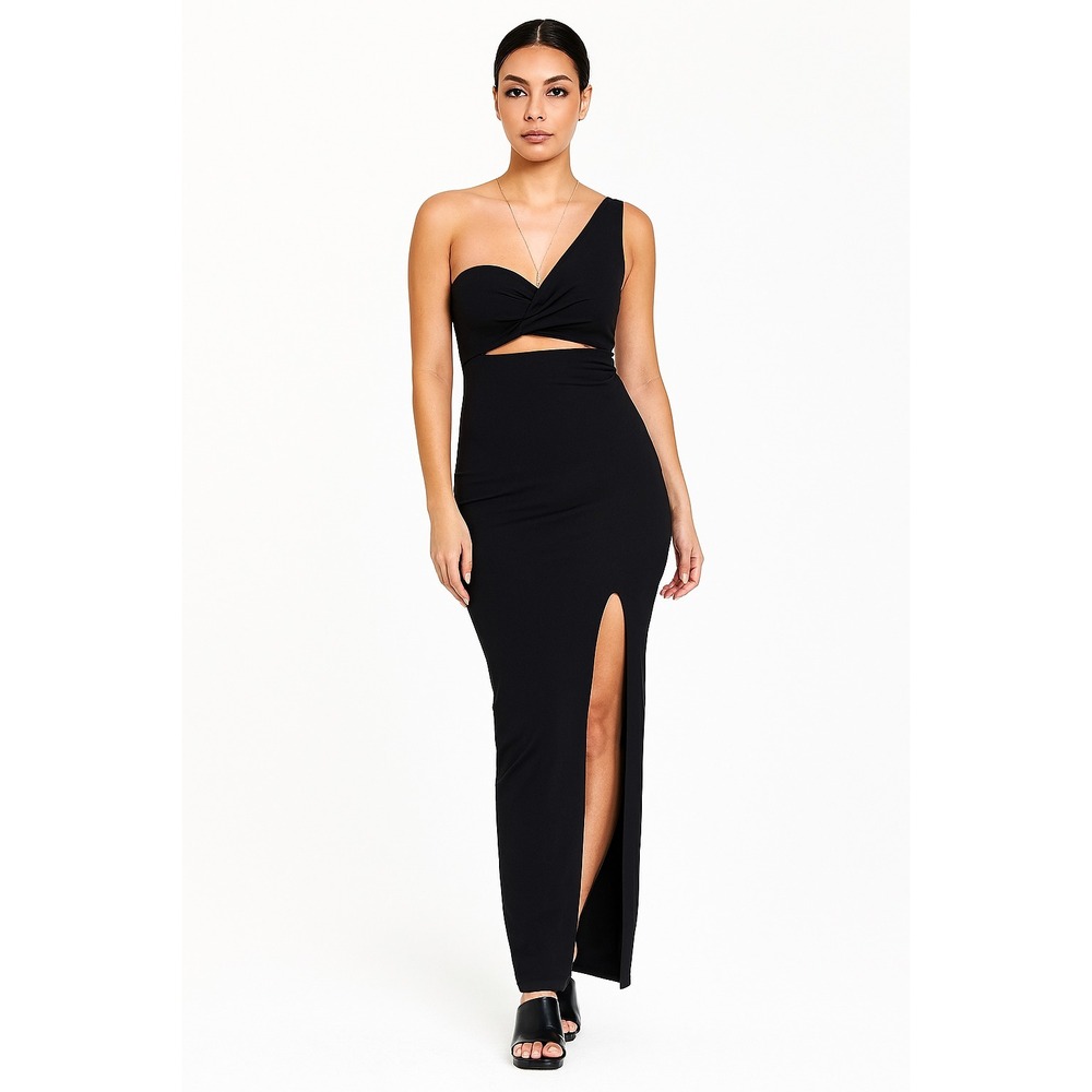 City Studios Women's One-Shoulder Cutout Maxi Gown Black Size 13 Slit Skirt